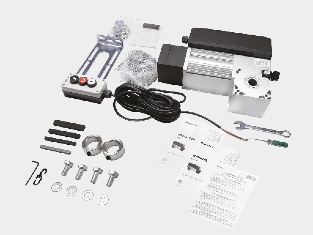 Электропривод, трехпозиционный пост управления, стопорные кольцa, крепежные элементы.